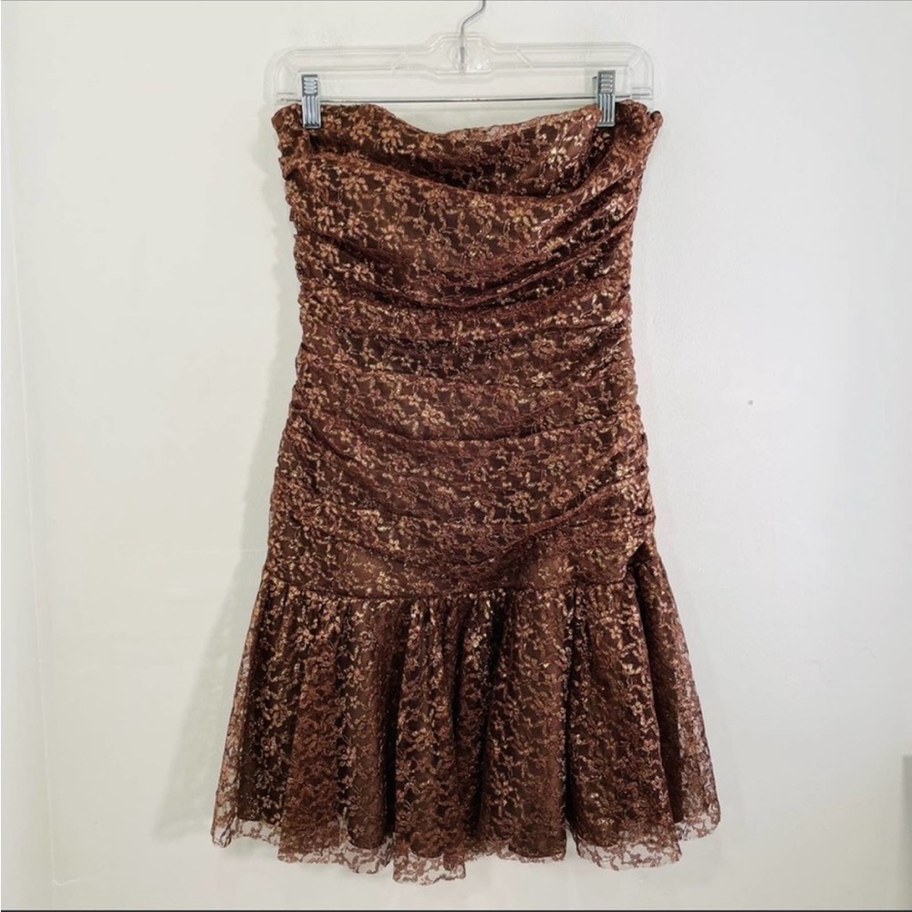Betsey Johnson Evening Y2K Brown Gold Bronze Strapless Drop Waist Lace Dress 8
